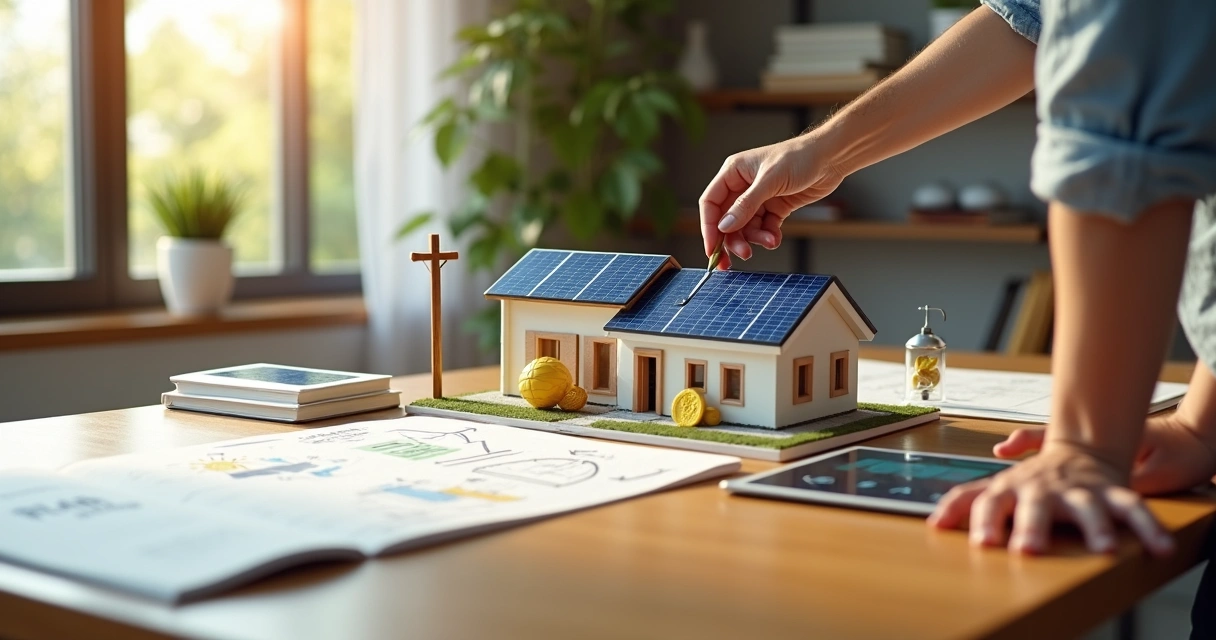Pessoa olhando maquete didática de casa com painéis solares numa mesa 