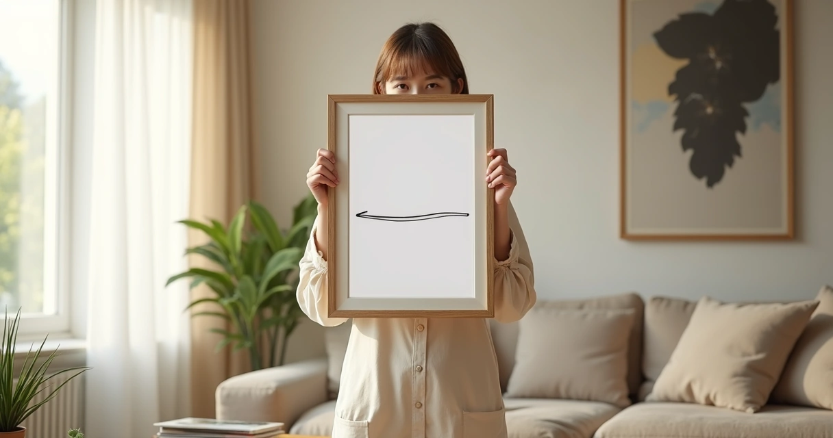 Pessoa segurando um quadro com uma linha desenhada em um ambiente claro 