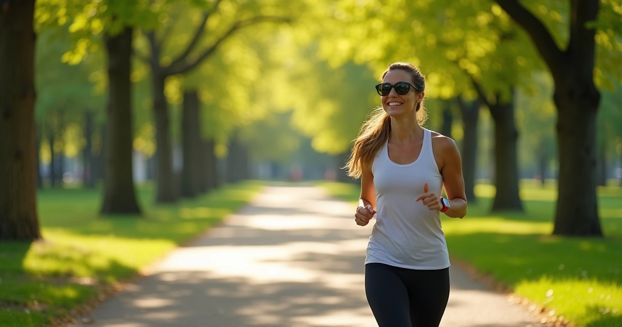 Pessoa fazendo caminhada ao ar livre em ambiente verde e ensolarado 
