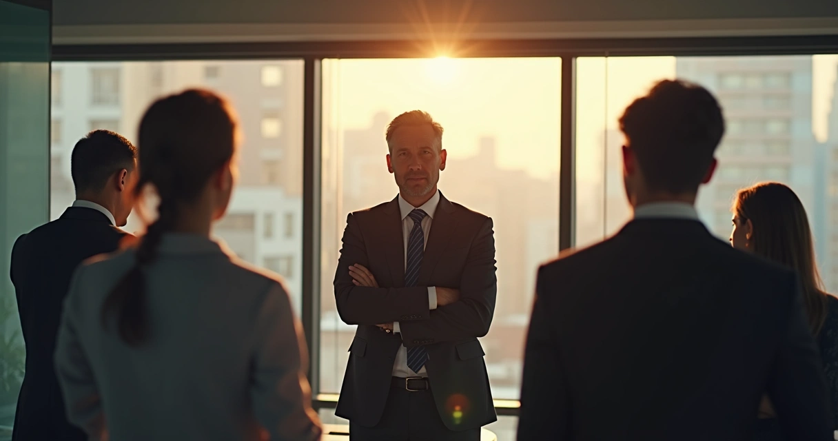 Pessoa de pé, com postura confiante, em meio a grupo visivelmente tenso em um escritório 