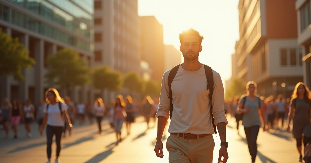 Pessoa caminhando confiante em cidade moderna, destacada da multidão 