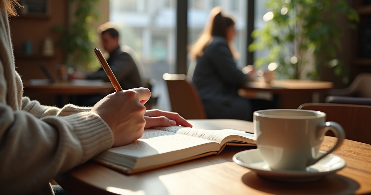 Pessoa escrevendo em caderno em café tranquilo com rostos borrados ao fundo 