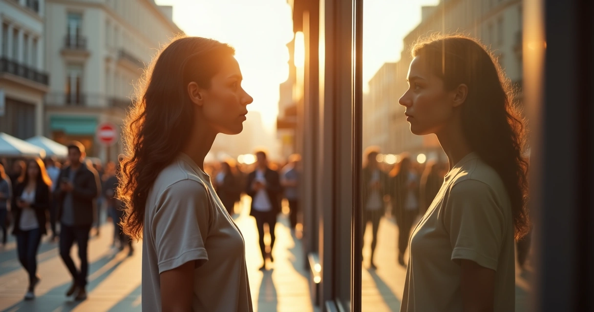 Pessoa observando o próprio reflexo em um espelho enquanto caminha por uma cidade movimentada 