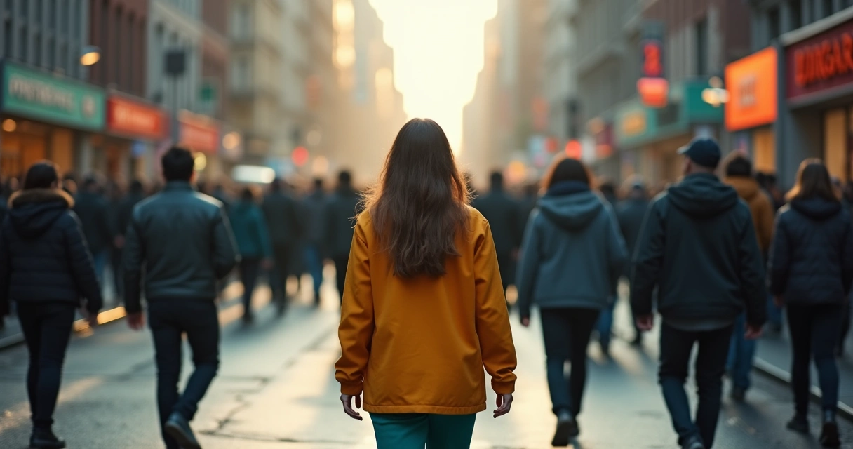 Pessoa de costas em meio à multidão acinzentada com roupa colorida 