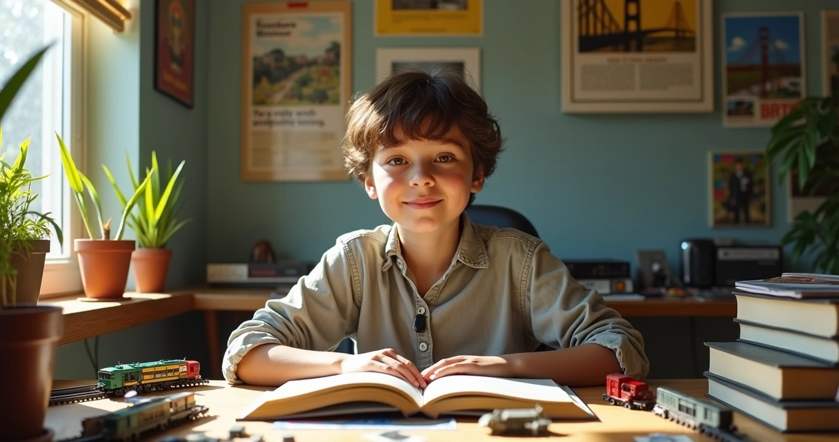 Pessoa sentada à mesa cercada por livros e objetos de diferentes temas 