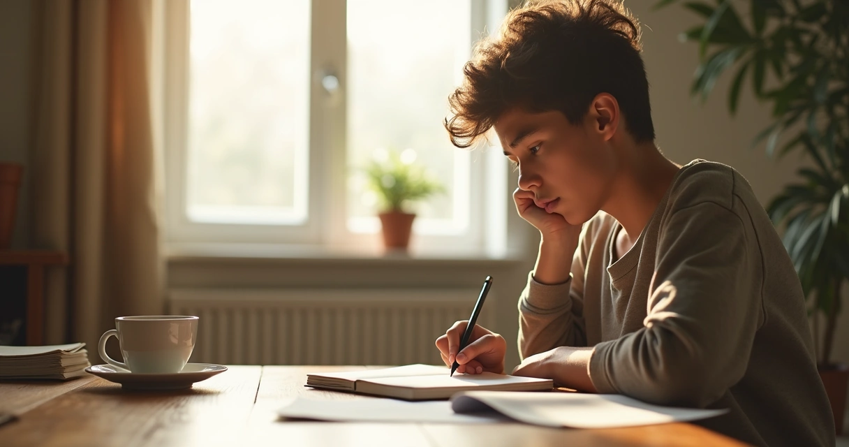 Pessoa sentada em uma cadeira escrevendo em um diário, concentrada em autorreflexão 