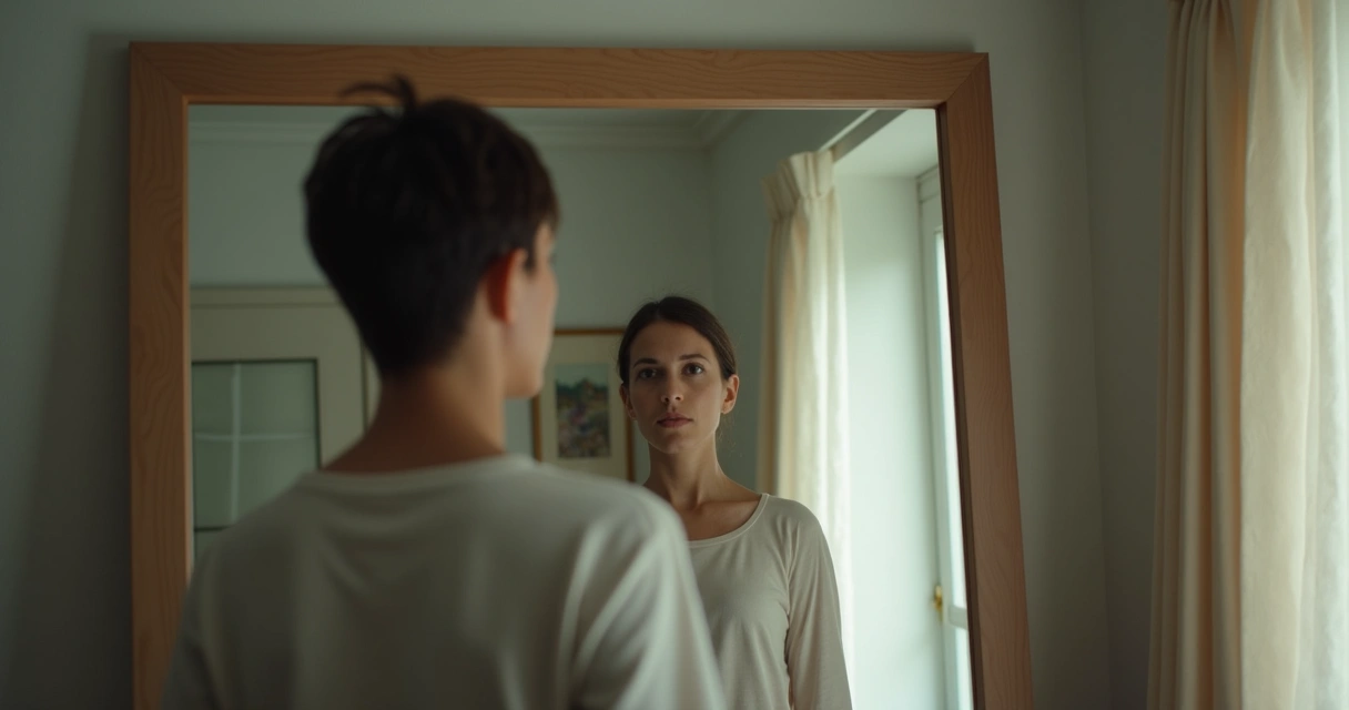 Pessoa olhando para o próprio reflexo em um espelho 