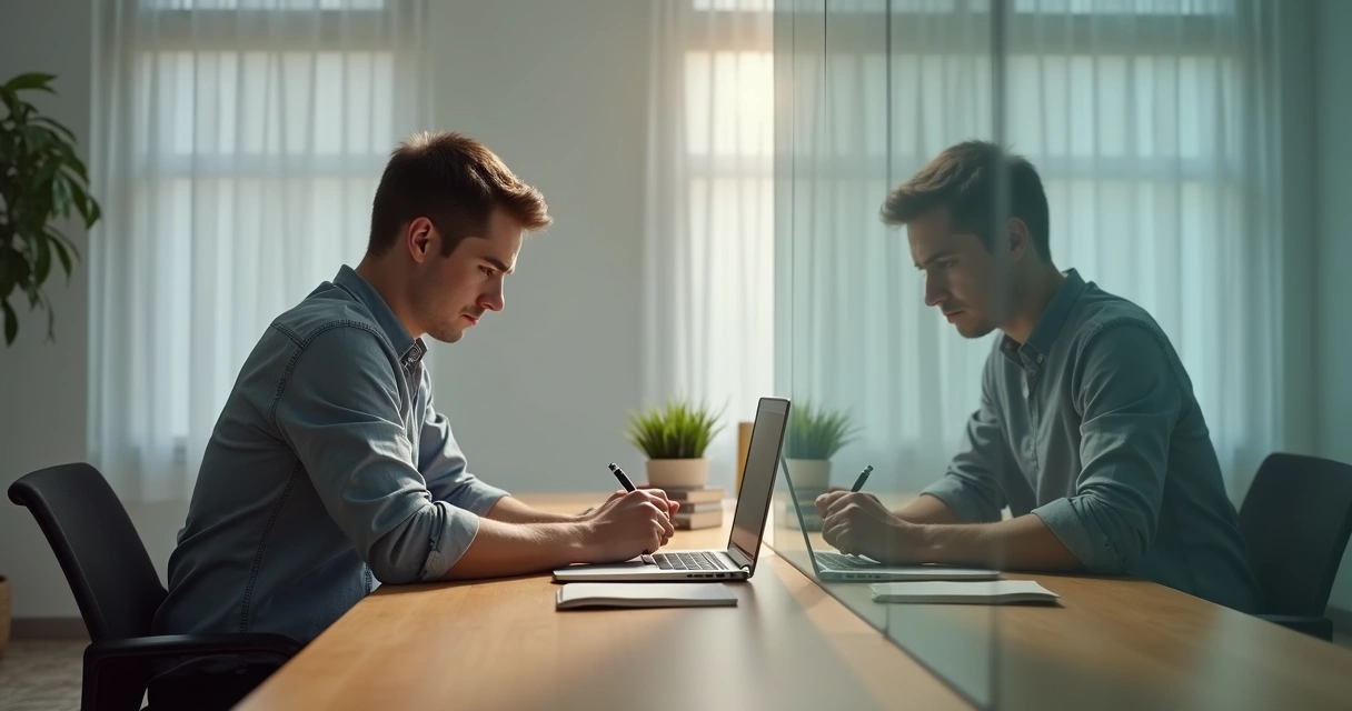 Pessoa sentada em mesa de trabalho com duas versões de si mesma refletidas em vidro, uma crítica e outra serena 