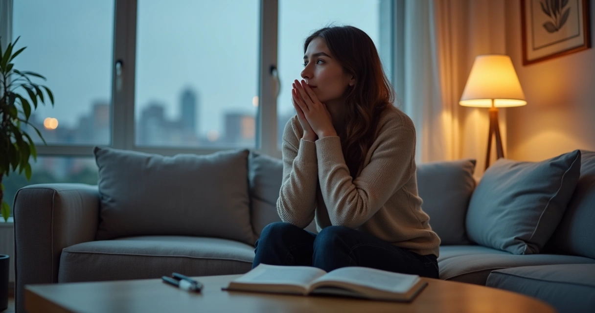 Pessoa sentada refletindo em silêncio com expressão serena 
