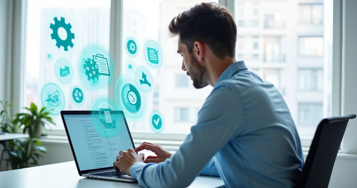 Profissional configurando processos automáticos no notebook