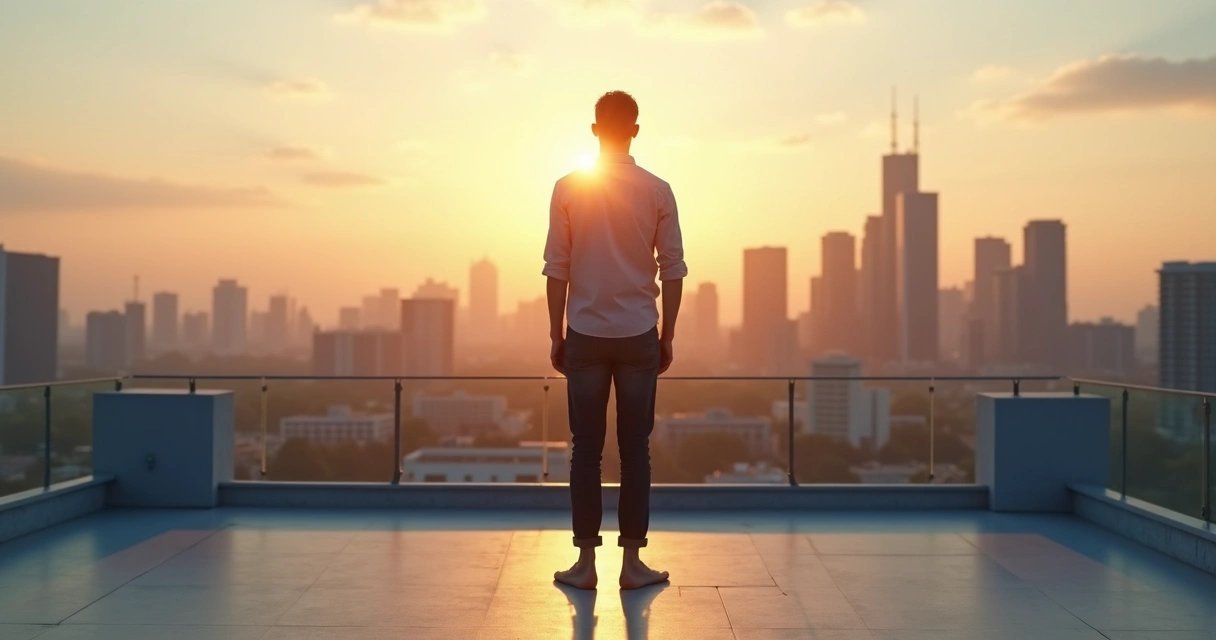 Pessoa em pé de costas em um rooftop urbano com postura confiante olhando o horizonte ao amanhecer 