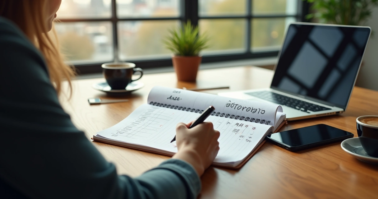 Pessoa adulta planejando objetivos de autonomia para 2026 em um caderno 