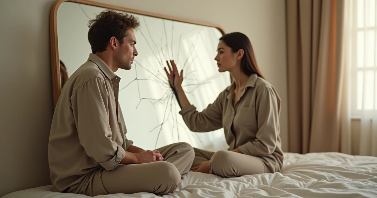 Pessoa pensativa se olhando no espelho com reflexo rachado 