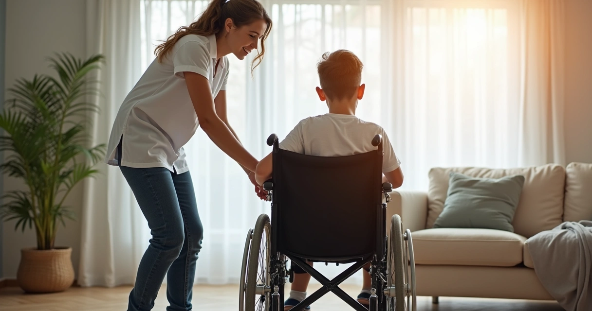 Pessoa com paralisia cerebral usando cadeira de rodas, apoiada por cuidador 