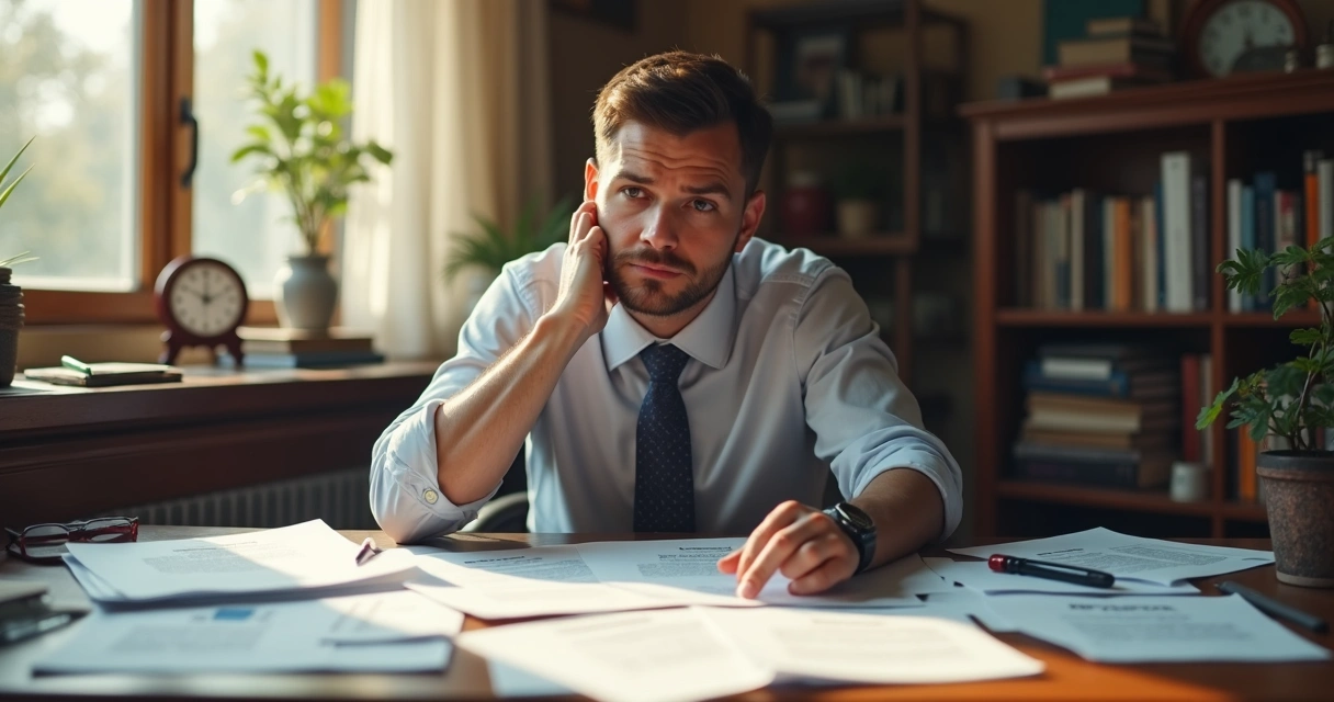 Pessoa segurando papéis avaliando decisões em ambiente de trabalho 