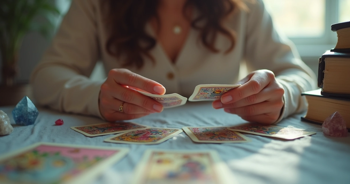 Pessoa manuseando cartas de tarot com expressão contemplativa 