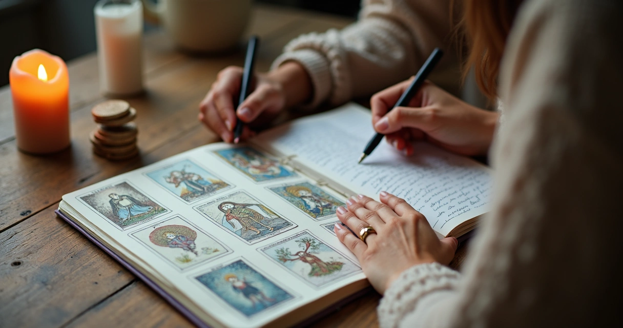 Pessoa sentada à mesa com cartas de tarot, caderno de anotações e vela acesa