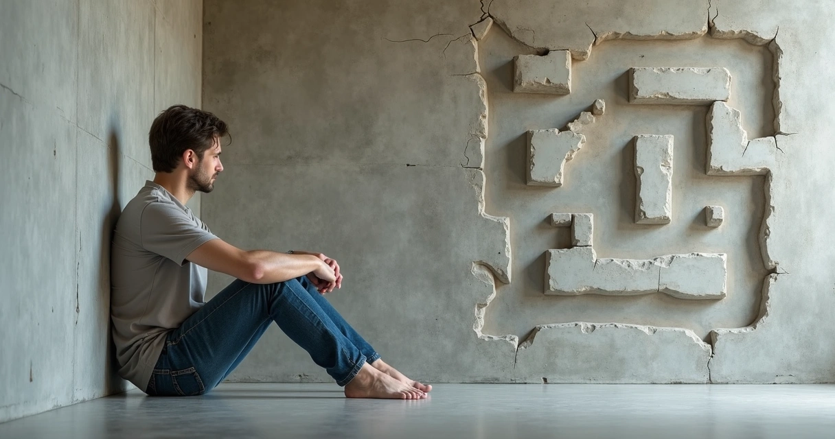 Pessoa diante de parede com rachaduras em forma de labirinto simbolizando barreiras emocionais 