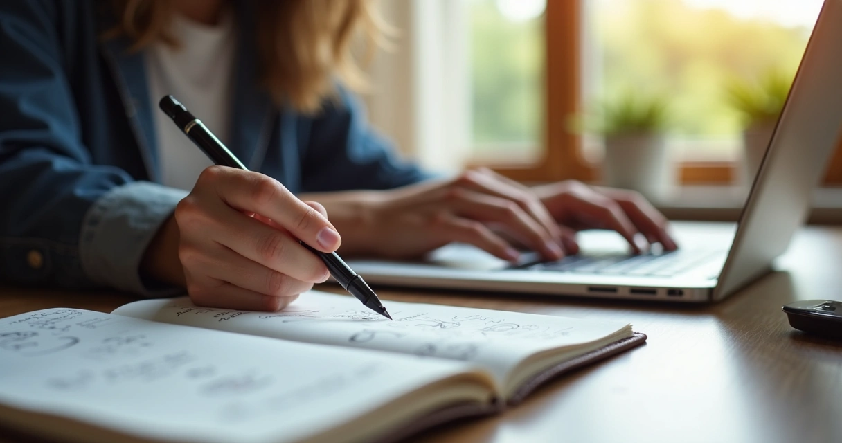 Pessoa digitando concentrada em um notebook, com ideias anotadas ao lado 