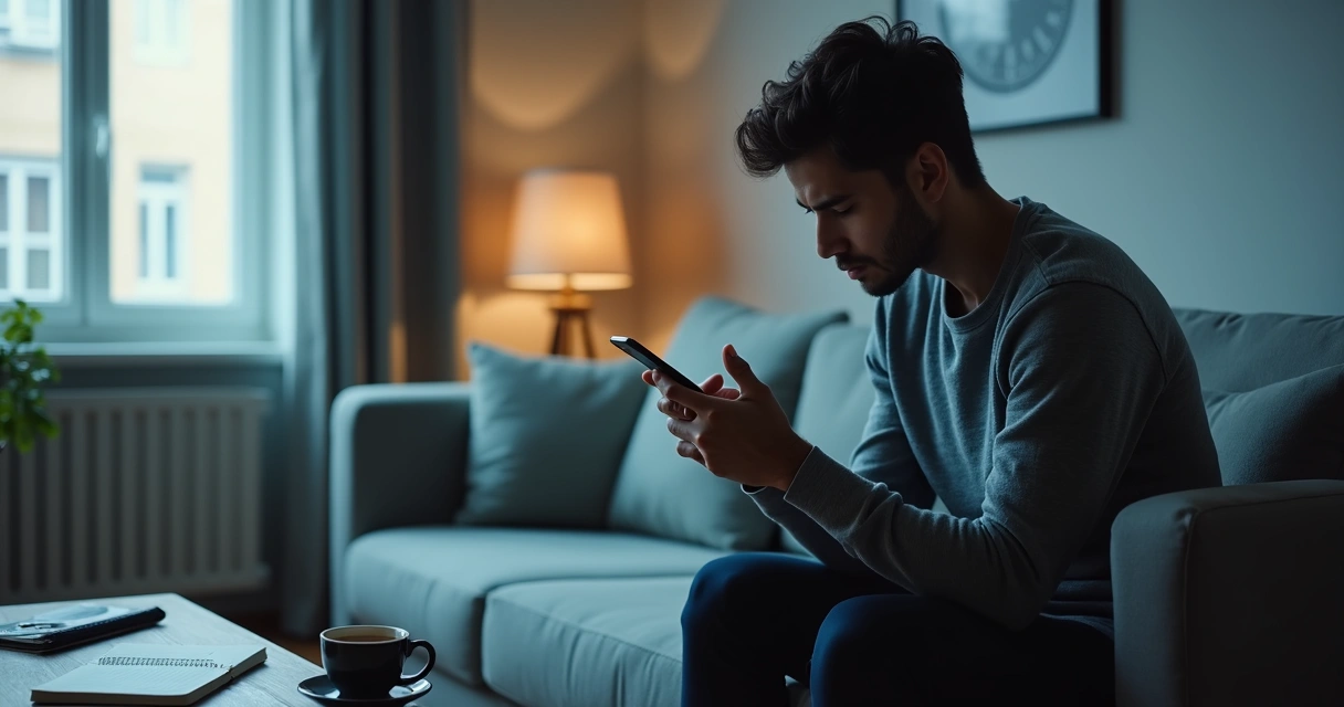 Pessoa olhando notificações no celular com expressão tensa