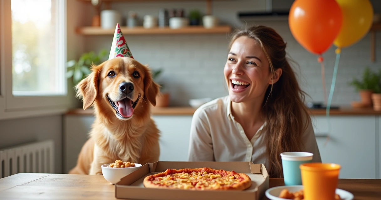 Pessoa sorrindo com cachorro feliz ao lado, ambos diante de pizza e petiscos, em clima de comemoração. 