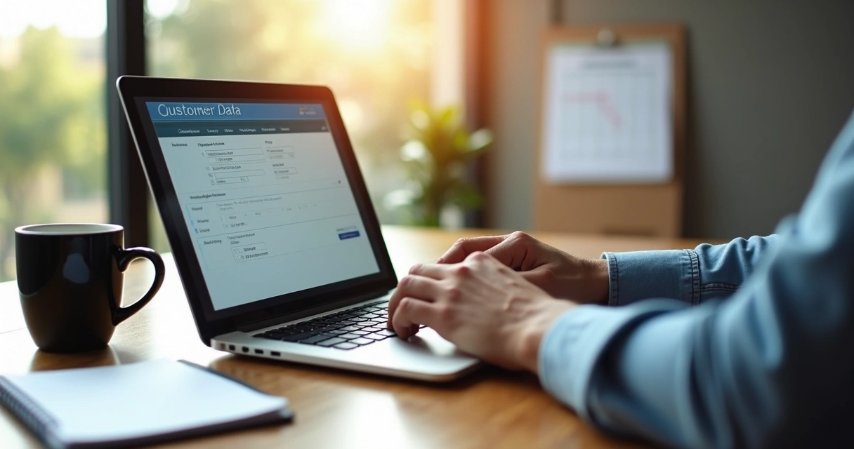 Pessoa digitando dados em notebook para cadastro de cliente na agência de viagens 