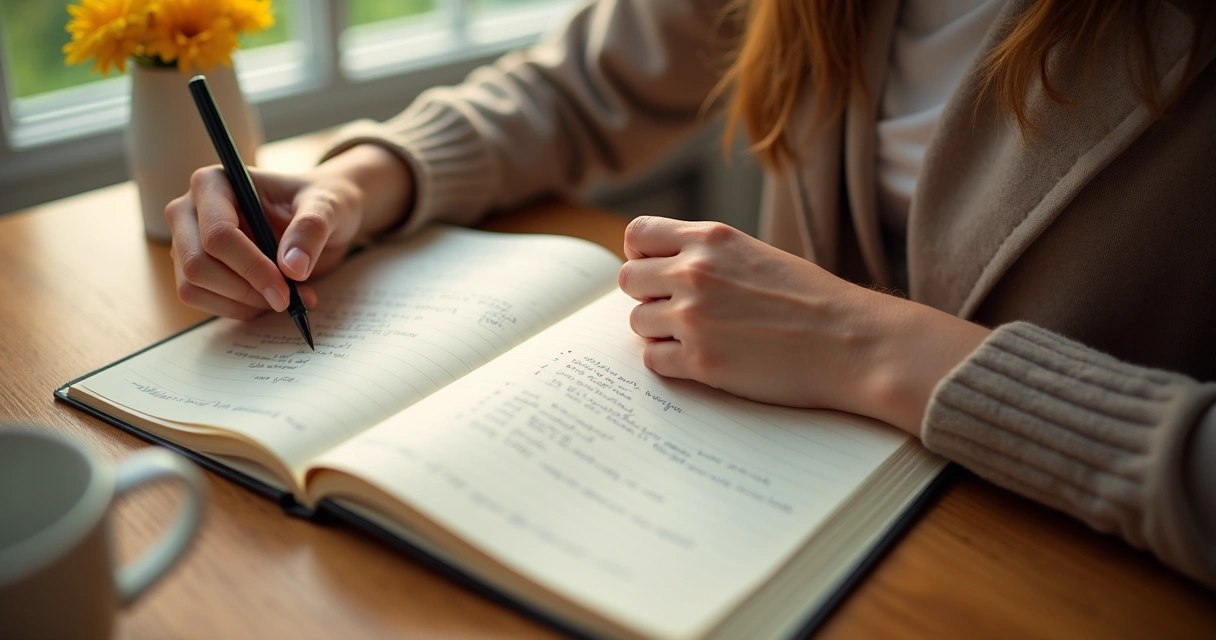 Pessoa sentada escrevendo em caderno aberto com caneta, luz suave sobre mesa 