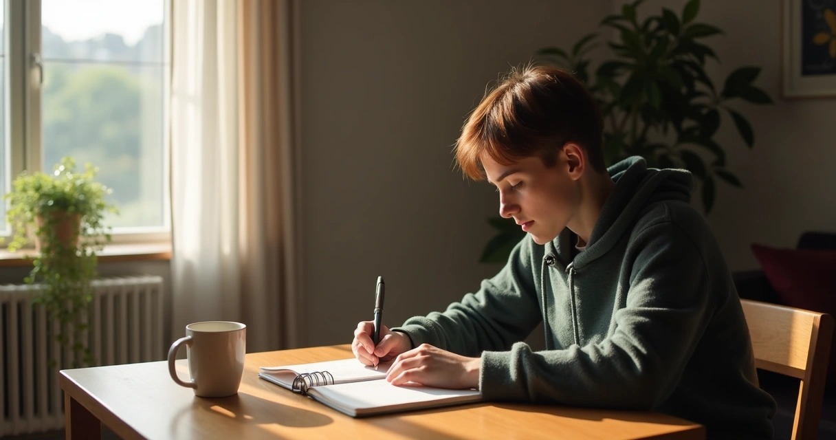 Pessoa escrevendo em caderno sentada à mesa de madeira 