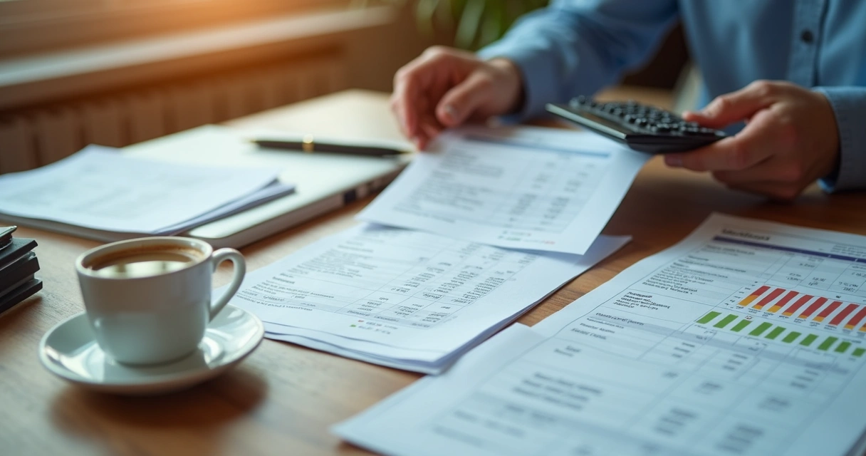 Pessoa analisando notas e calculadora em mesa com relatórios de vendas