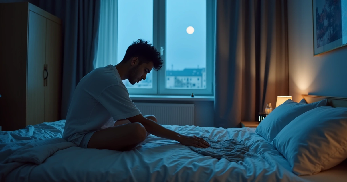 Adulto sentado na cama à noite enxugando suor com lençol úmido 