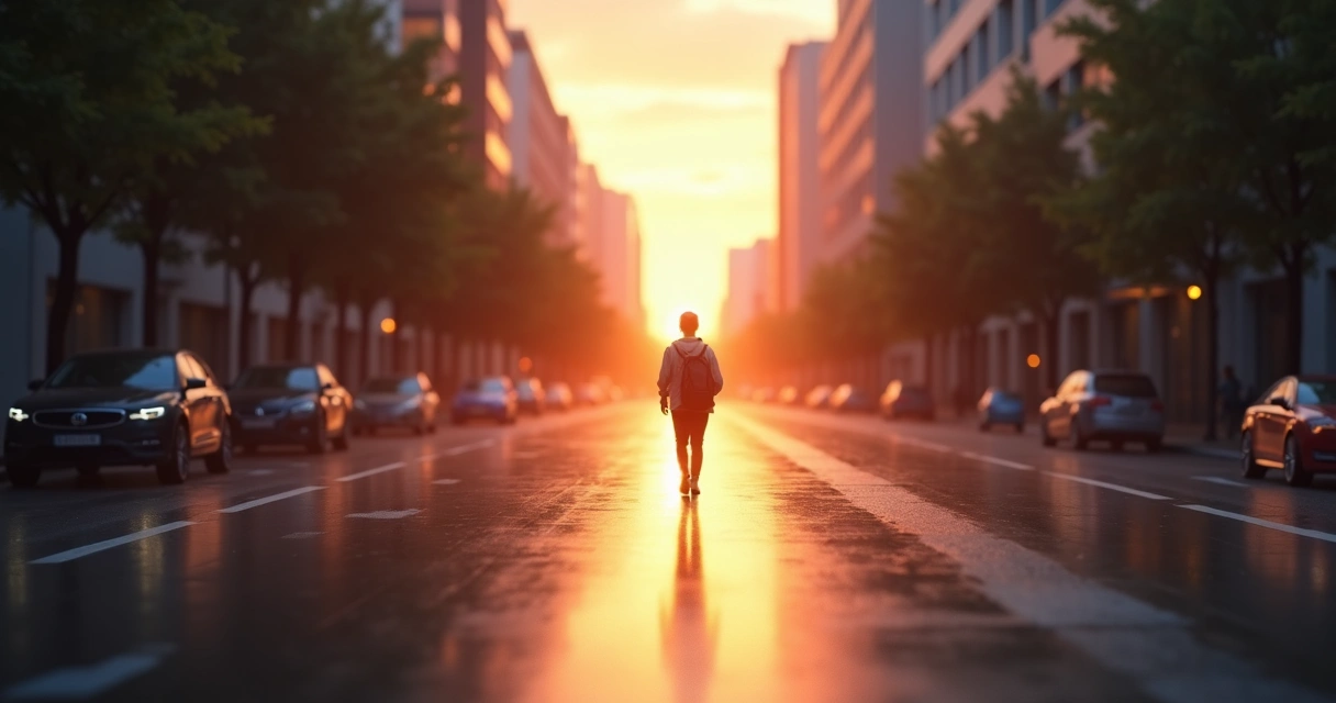 Pessoa caminhando sozinha em rua ao amanhecer 