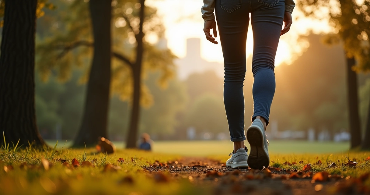 Pessoa caminhando devagar em um parque, cercada por árvores e luz suave 