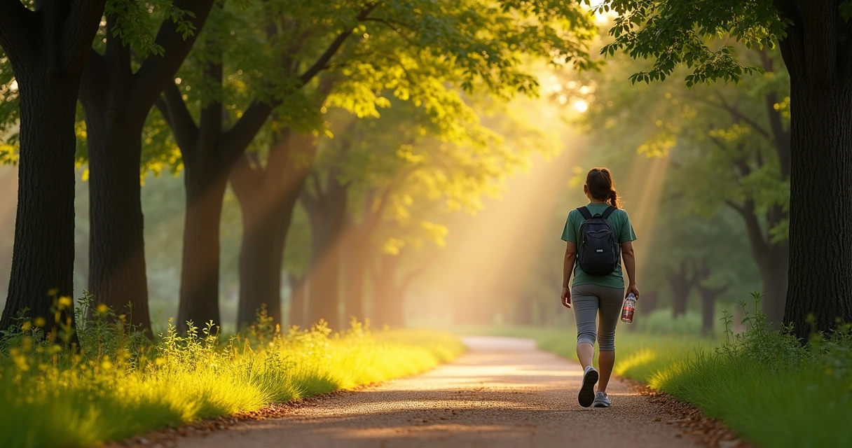 Pessoa caminhando em um parque verde durante a manhã