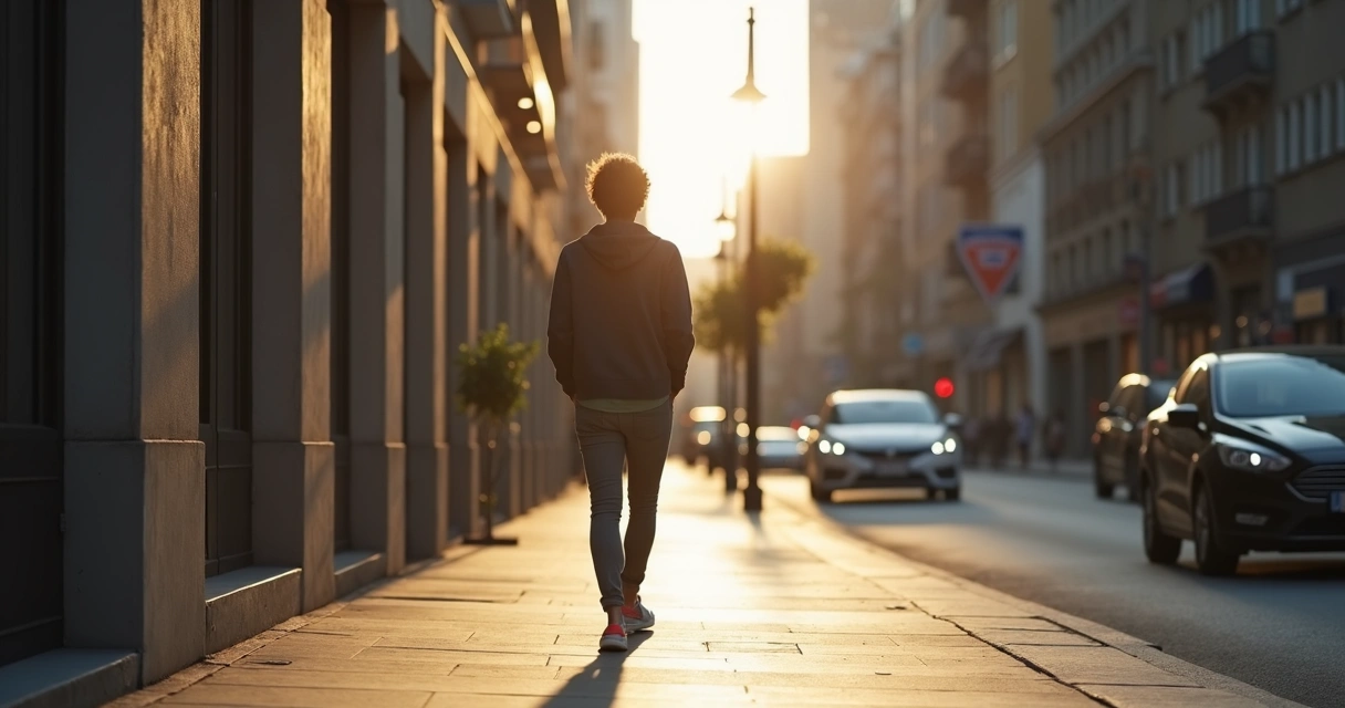 Pessoa caminhando devagar de forma consciente em calçada de cidade 