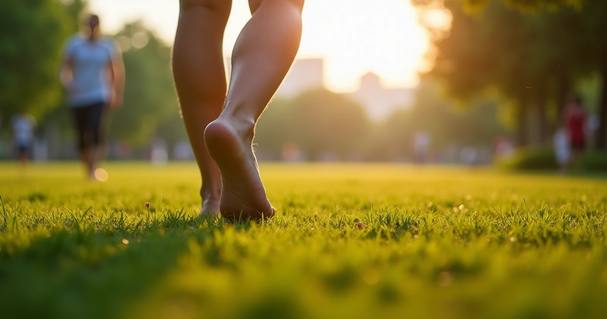 Pessoa caminhando descalça sobre a grama 