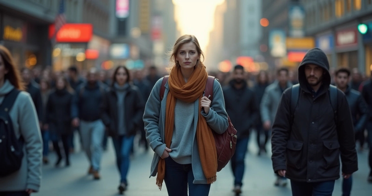 Pessoa caminhando em direção oposta a uma multidão 