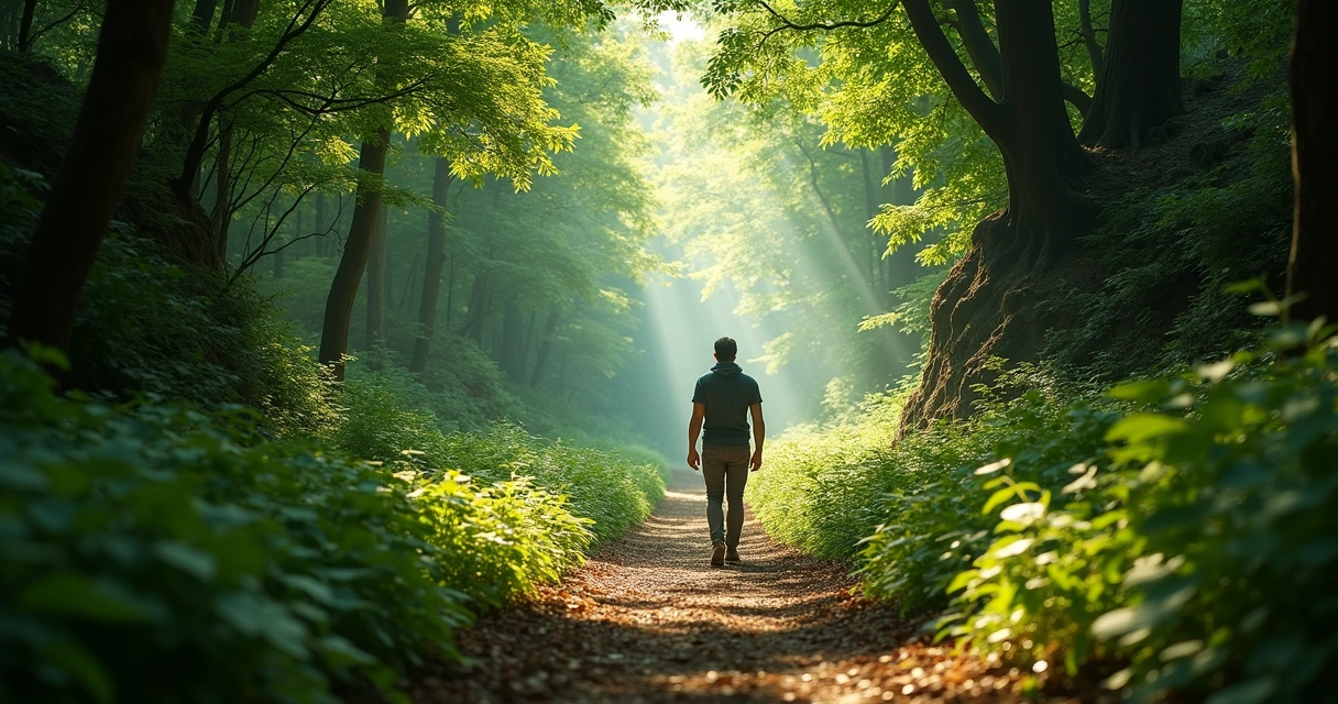 Pessoa caminhando sozinha em trilha na natureza 