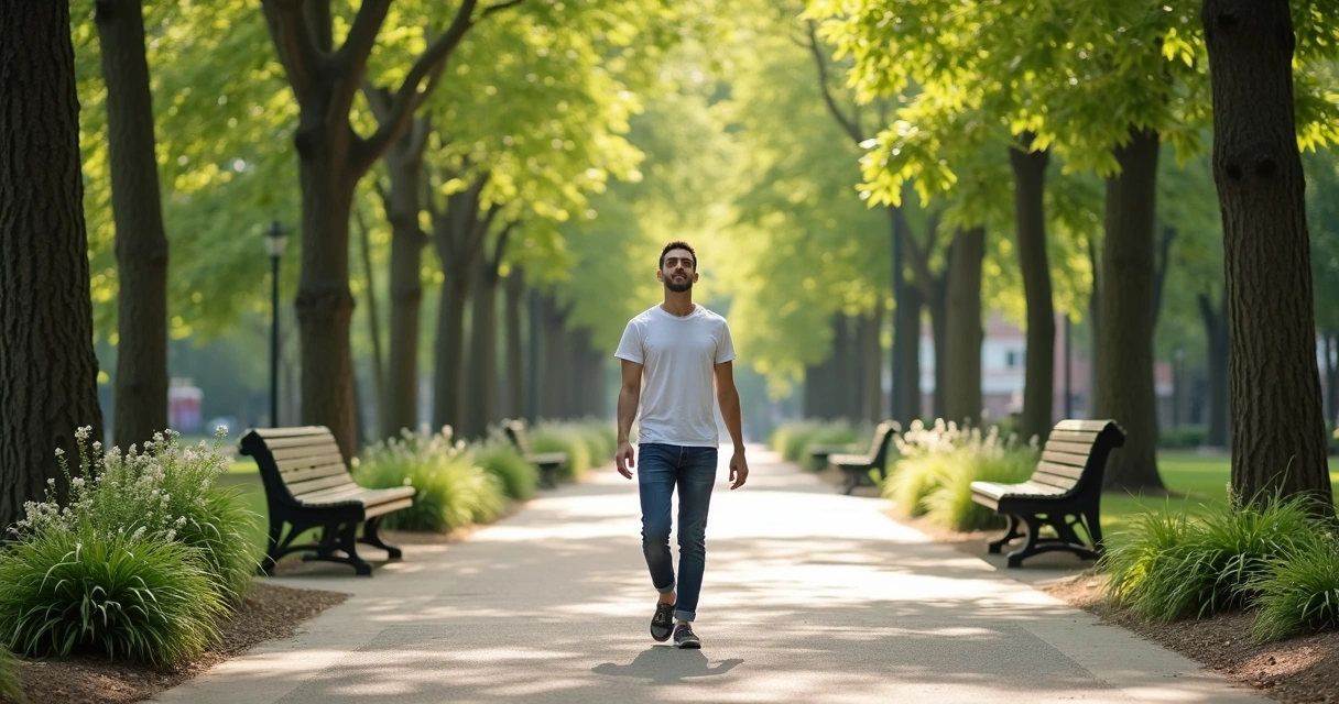 Pessoa caminhando em parque com árvores e luz natural 