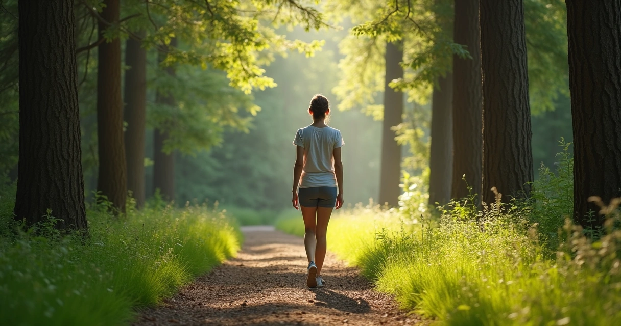 Pessoa caminhando em meio à natureza, refletindo atenção.