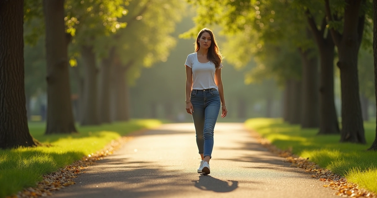 Pessoa andando em parque arborizado, com respiração tranquila 