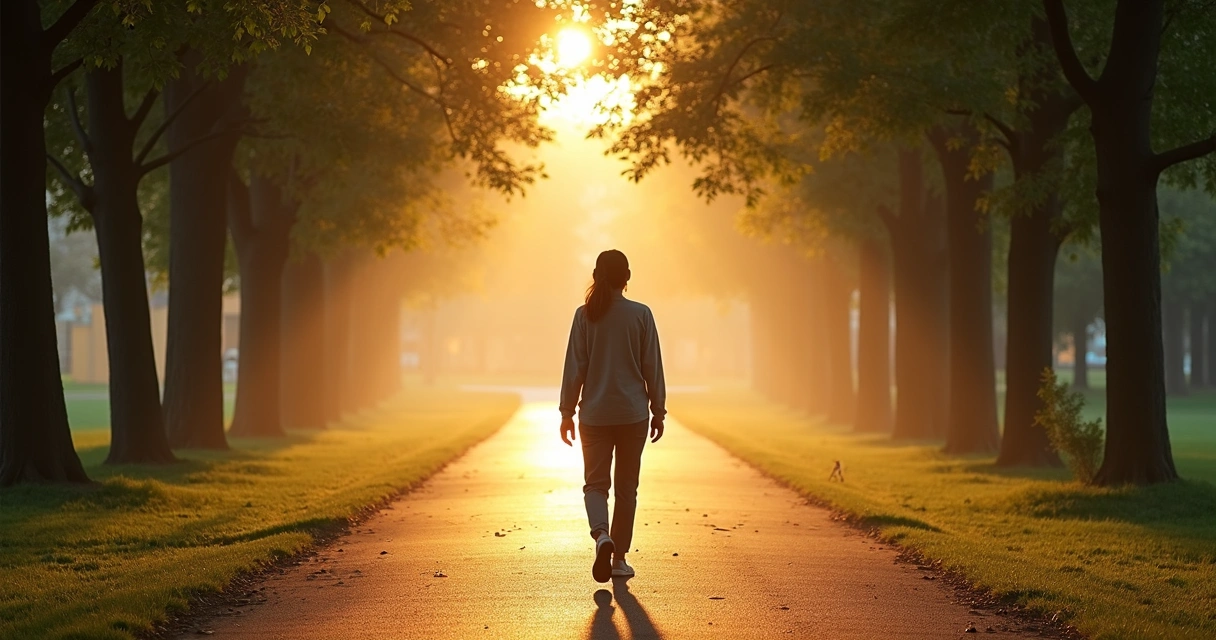 Pessoa caminhando sozinha em parque ao amanhecer