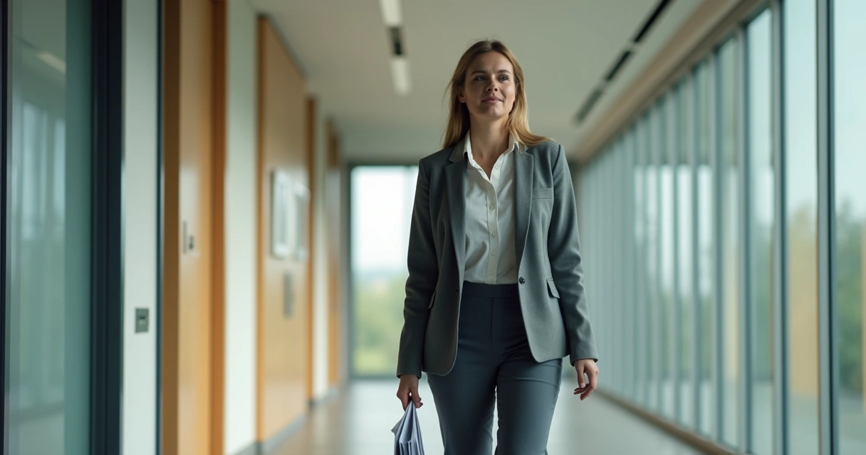 Pessoa caminhando sozinha em um corredor iluminado após reunião difícil 