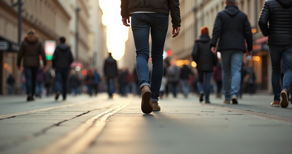 Pessoa caminha na calçada movimentada prestando atenção nos passos