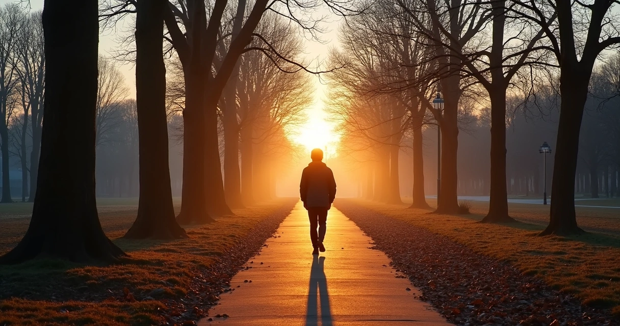 Pessoa caminhando sozinha em parque silencioso ao entardecer 