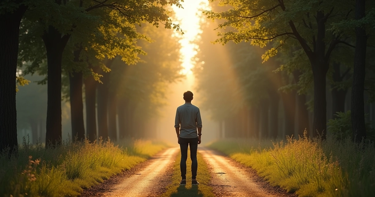 Pessoa parada diante de caminhos divergentes em uma estrada com árvores 