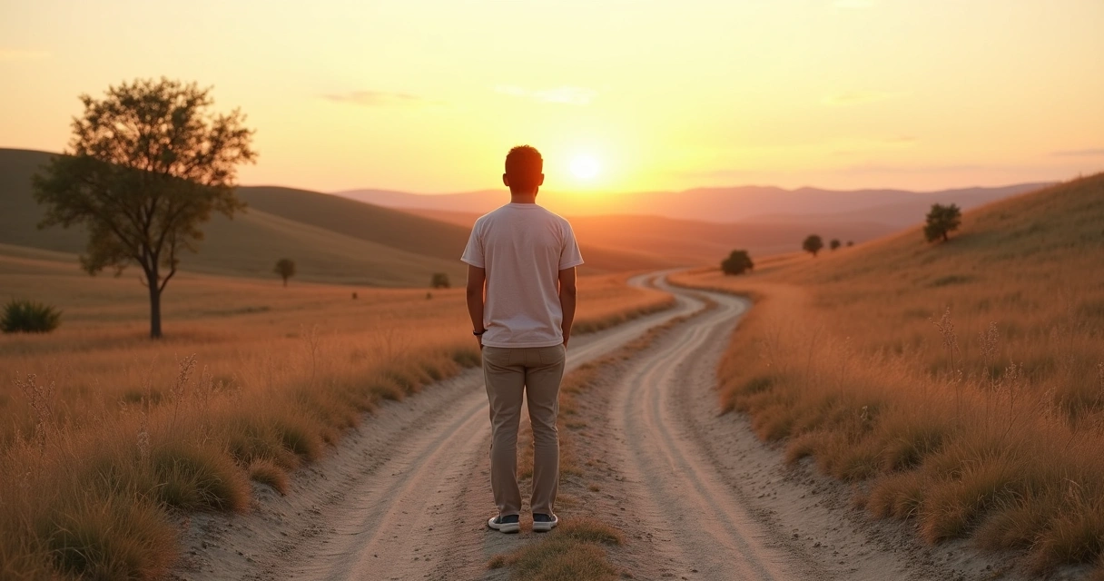 Pessoa em pé diante de encruzilhada ao amanhecer refletindo sobre escolhas conscientes 
