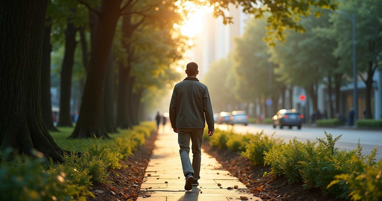 Pessoa caminha entre floresta e cidade em transição suave 