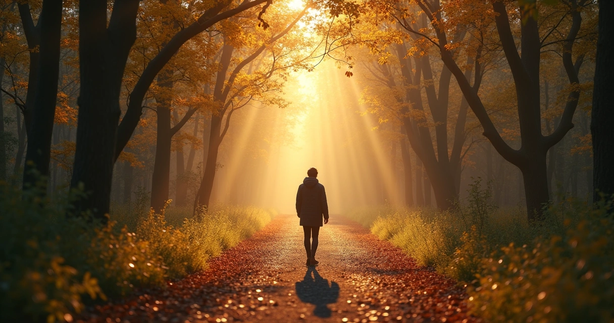 Pessoa caminhando sozinha em uma trilha com luz ao fundo. 