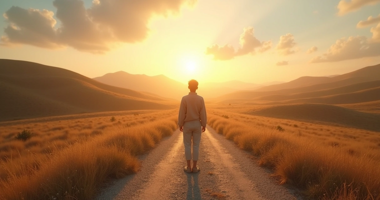 Pessoa em um caminho iluminado pelo pôr do sol olhando para o horizonte 