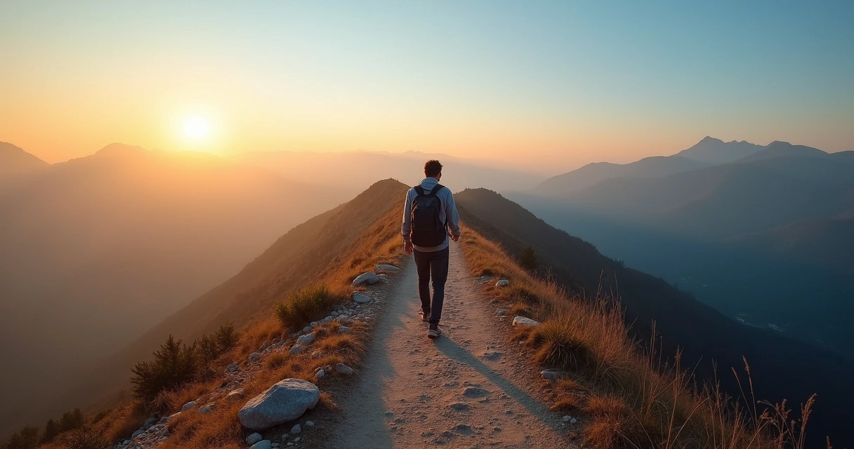 Pessoa caminhando em trilha de montanha ao amanhecer com horizonte iluminado 